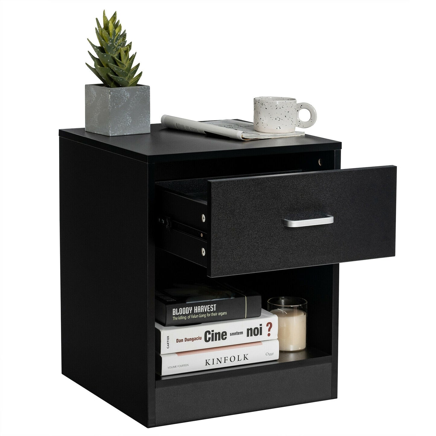 Modern Nightstand with Drawer and Open Storage Shelf – Black Finish