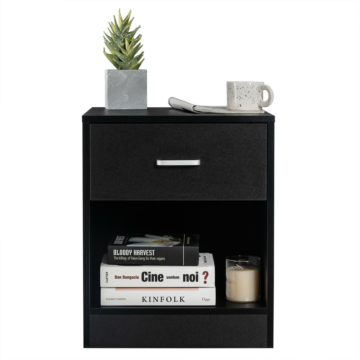 Modern Nightstand with Drawer and Open Storage Shelf – Black Finish