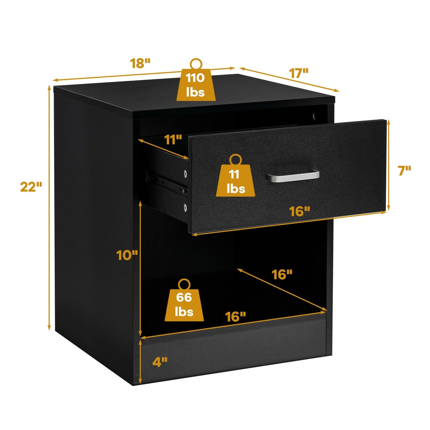 Modern Nightstand with Drawer and Open Storage Shelf – Black Finish