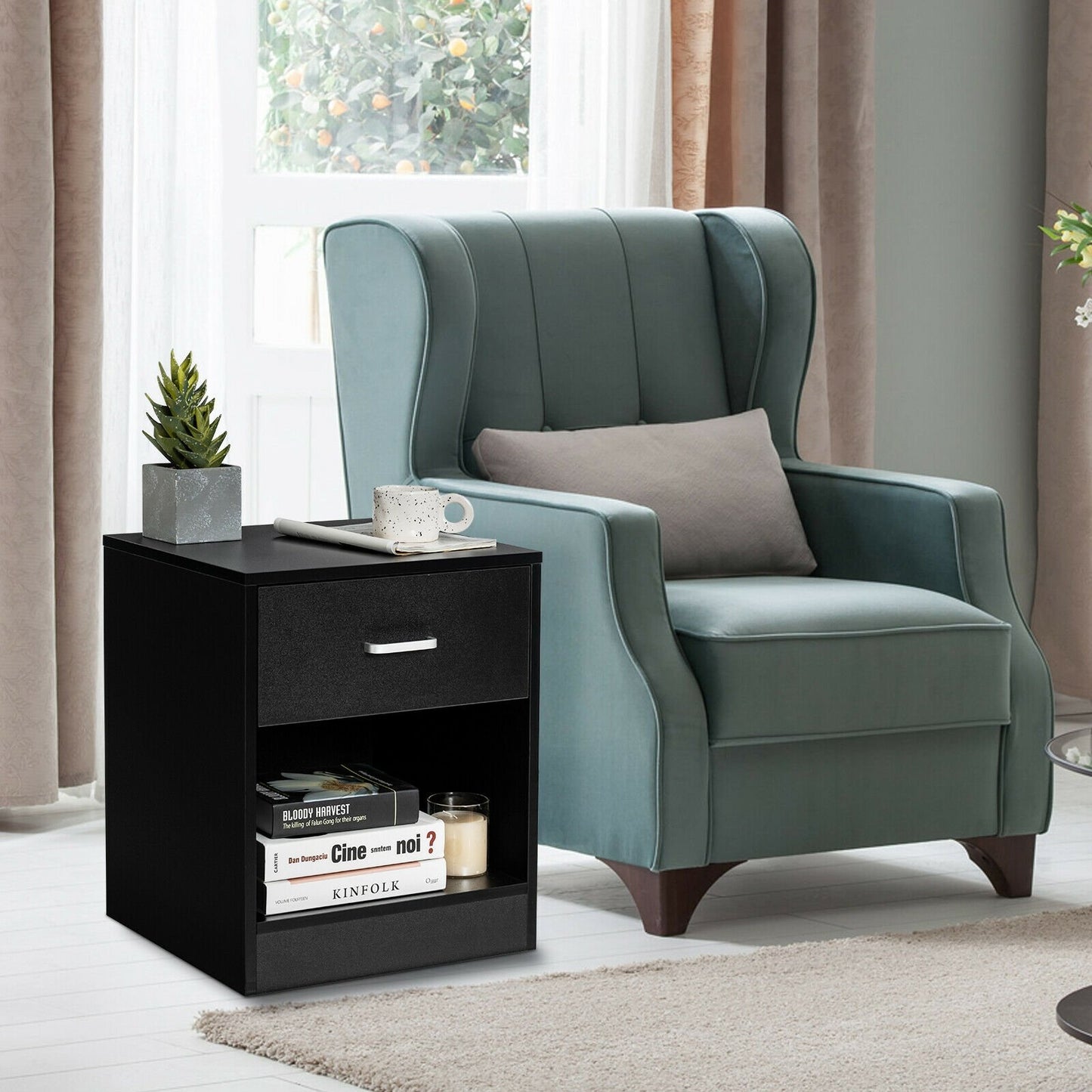 Modern Nightstand with Drawer and Open Storage Shelf – Black Finish