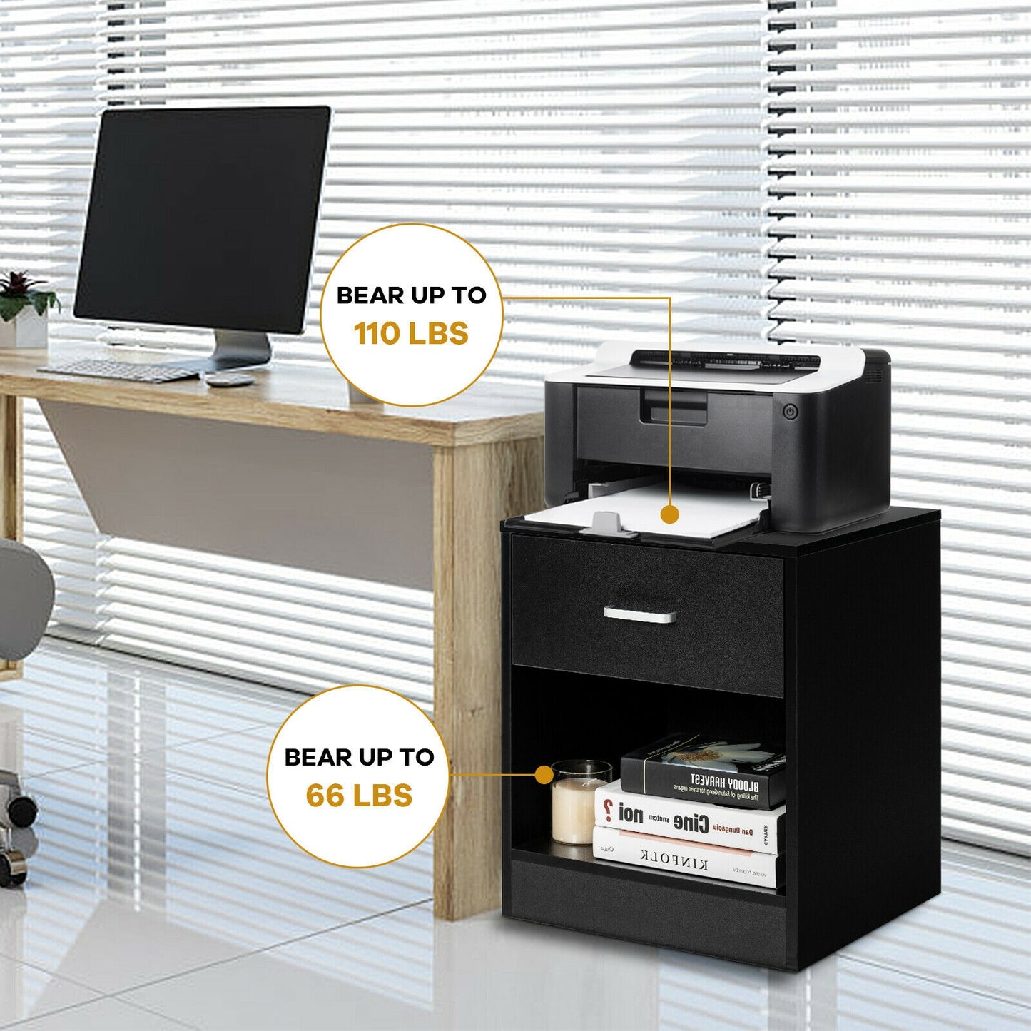 Modern Nightstand with Drawer and Open Storage Shelf – Black Finish