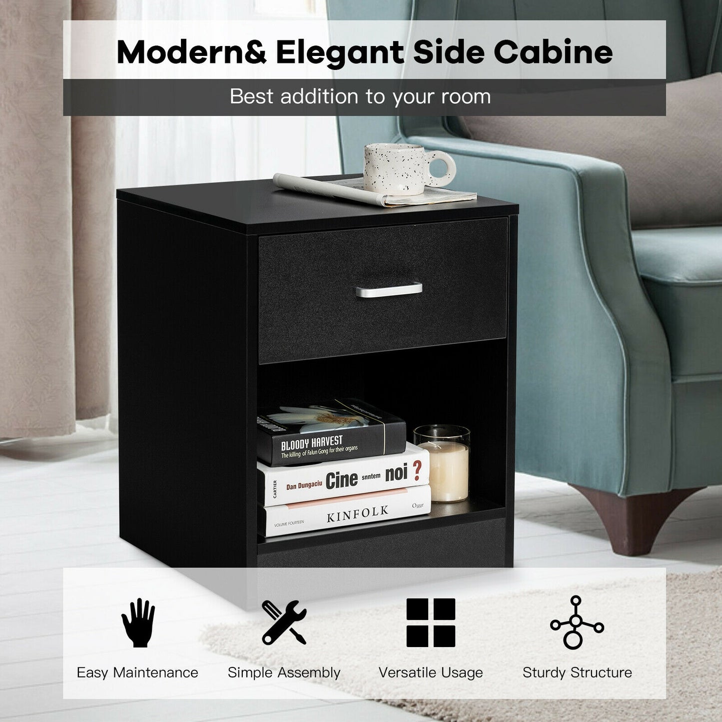 Modern Nightstand with Drawer and Open Storage Shelf – Black Finish