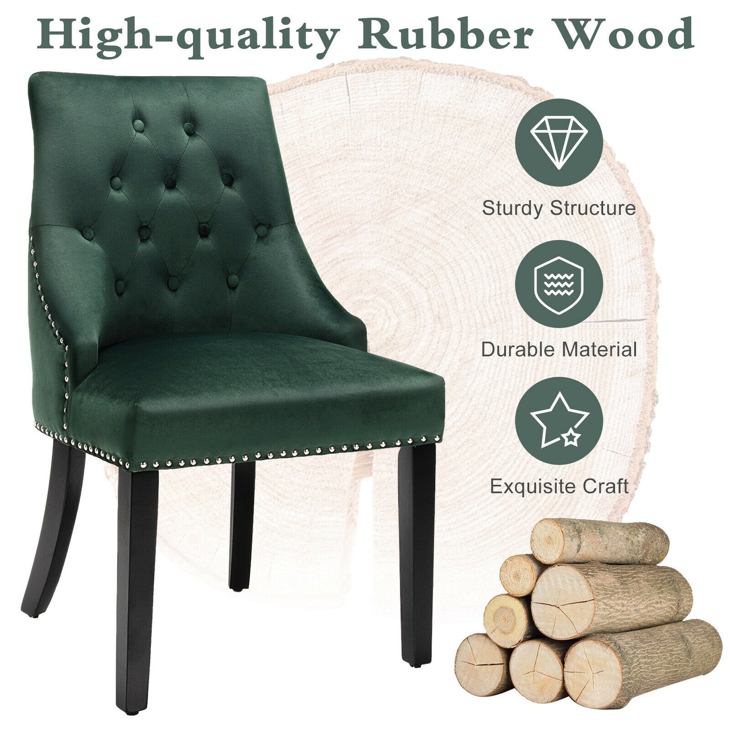 Elegant Button-Tufted Upholstered Dining Chair with Nailhead Trim - Dark Green