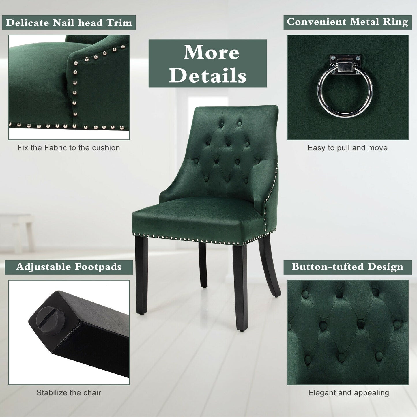 Elegant Button-Tufted Upholstered Dining Chair with Nailhead Trim - Dark Green
