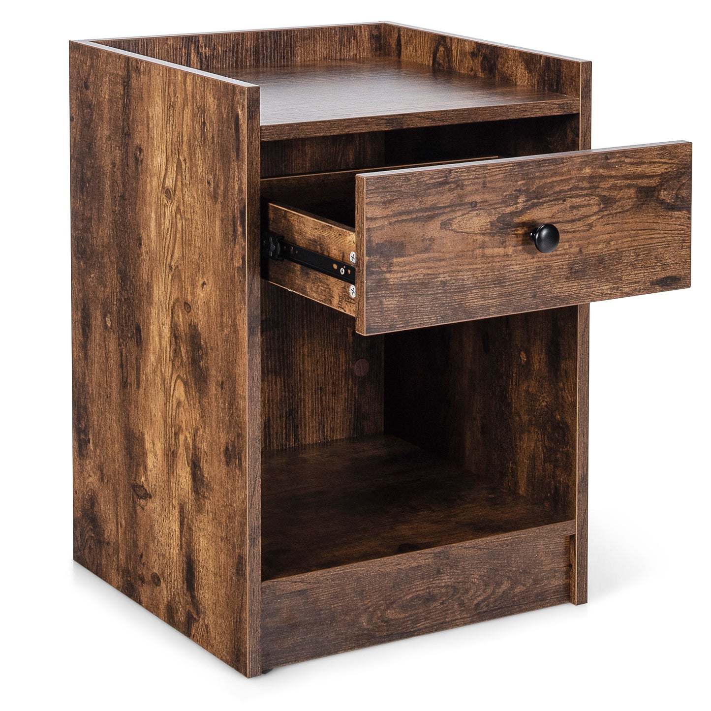 Set of 2 Nightstands with Drawer and Cabinet Raised Top Bedside End Tables Brown