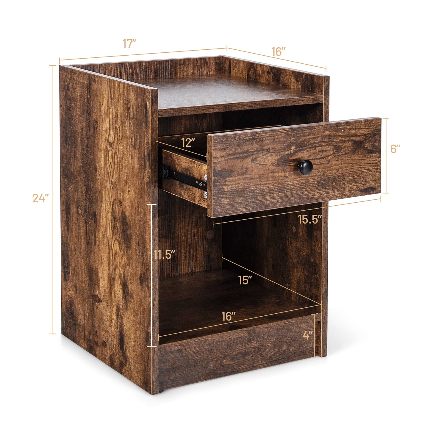 Set of 2 Nightstands with Drawer and Cabinet Raised Top Bedside End Tables Brown