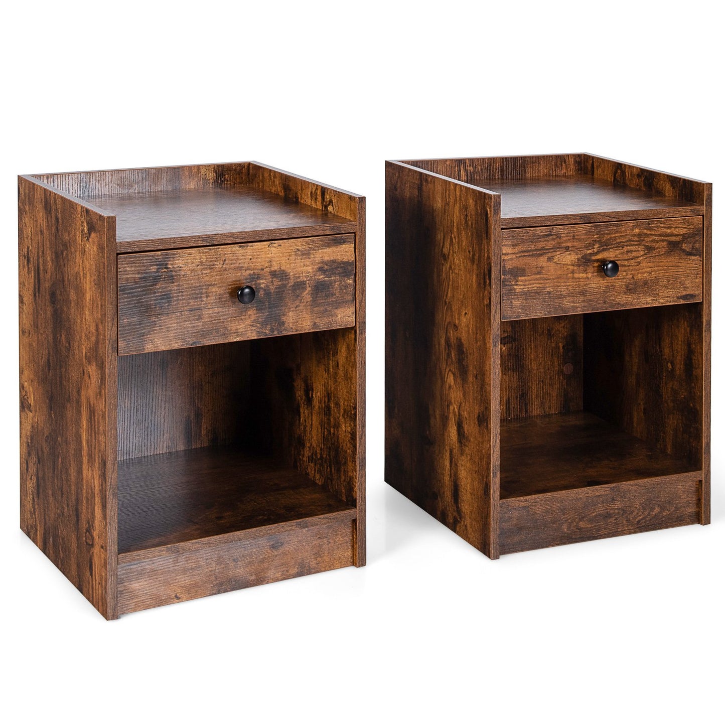 Set of 2 Nightstands with Drawer and Cabinet Raised Top Bedside End Tables Brown