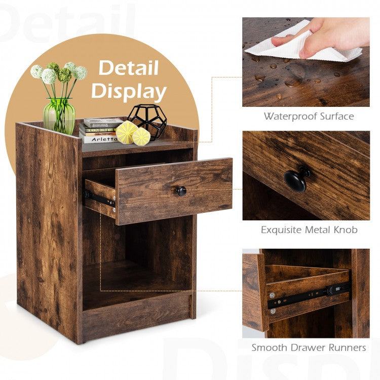 Set of 2 Nightstands with Drawer and Cabinet Raised Top Bedside End Tables Brown