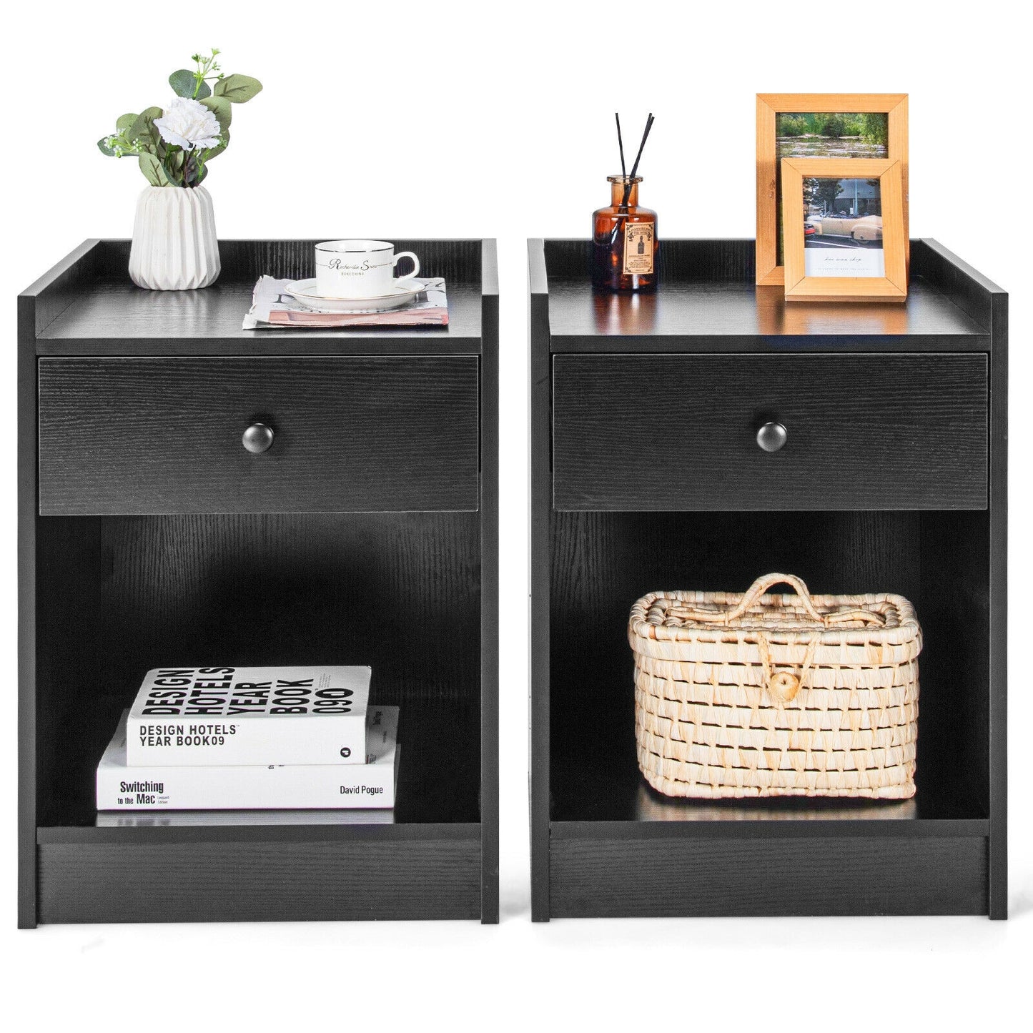 Set of 2 Nightstands with Drawer and Cabinet Raised Top Bedside End Tables Black