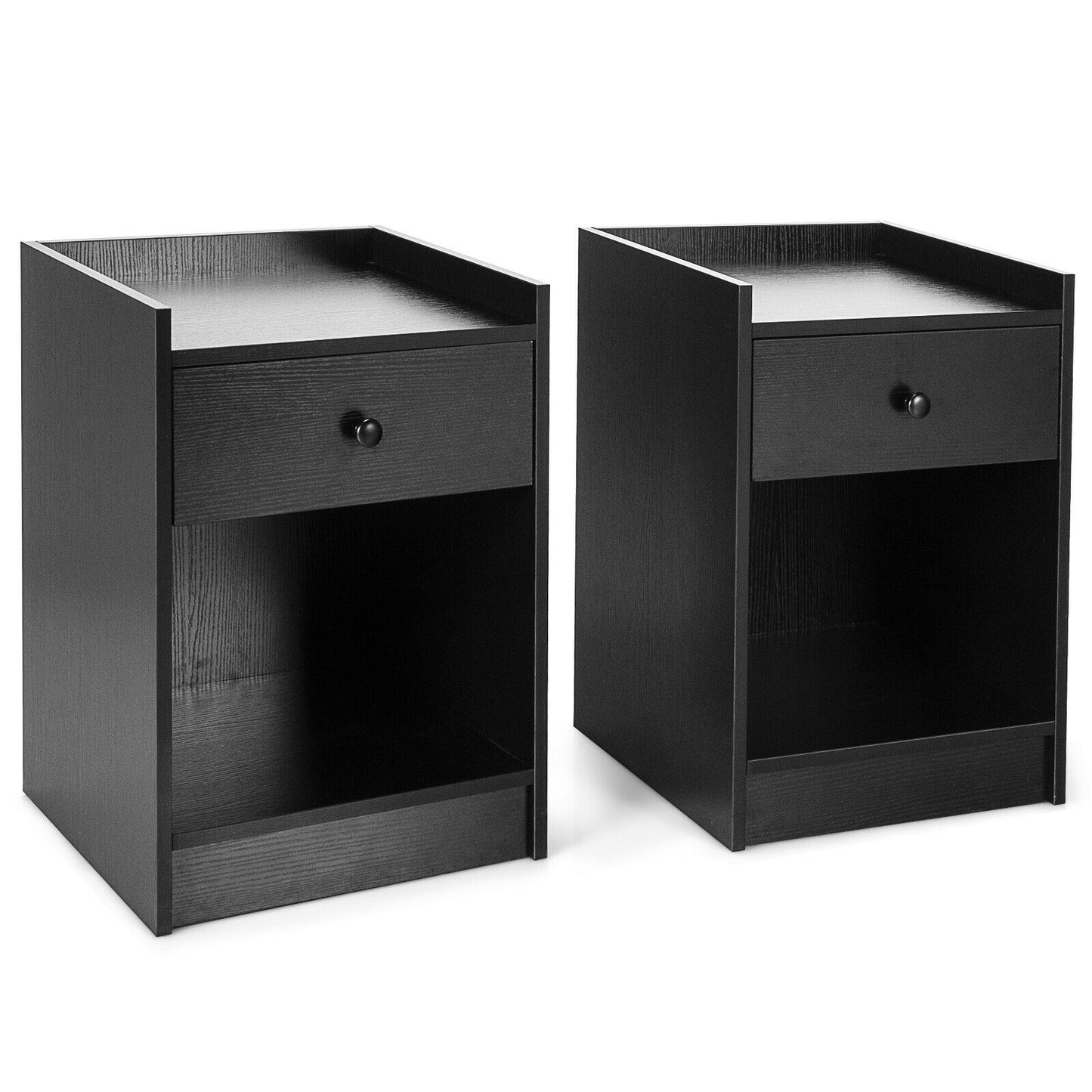 Set of 2 Nightstands with Drawer and Cabinet Raised Top Bedside End Tables Black