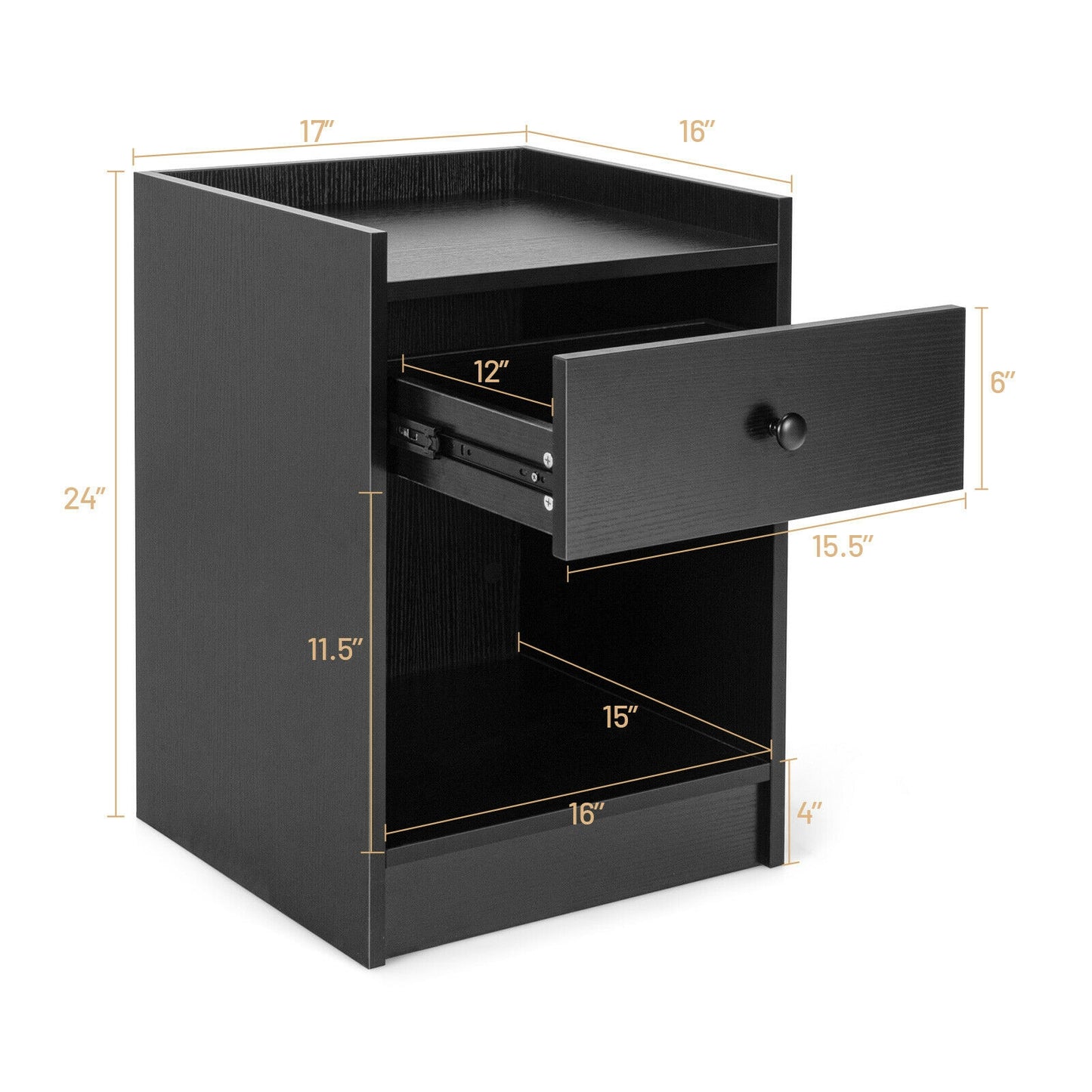 Set of 2 Nightstands with Drawer and Cabinet Raised Top Bedside End Tables Black