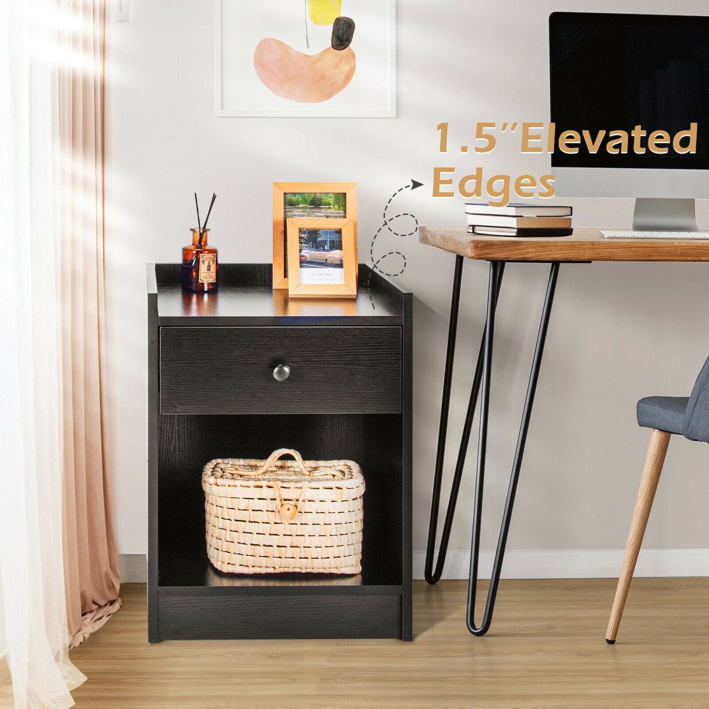Set of 2 Nightstands with Drawer and Cabinet Raised Top Bedside End Tables Black