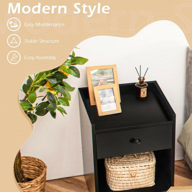 Set of 2 Nightstands with Drawer and Cabinet Raised Top Bedside End Tables Black