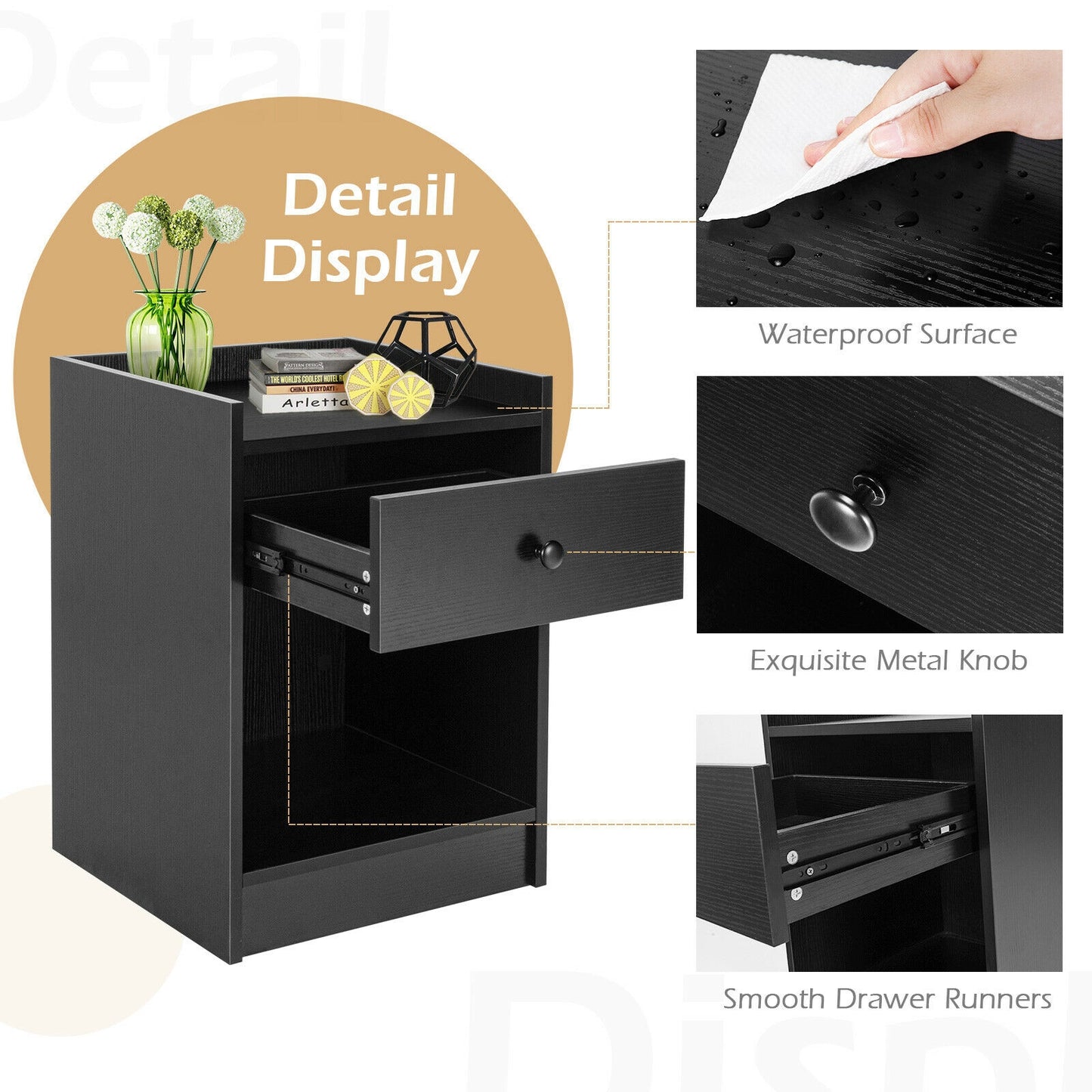 Set of 2 Nightstands with Drawer and Cabinet Raised Top Bedside End Tables Black