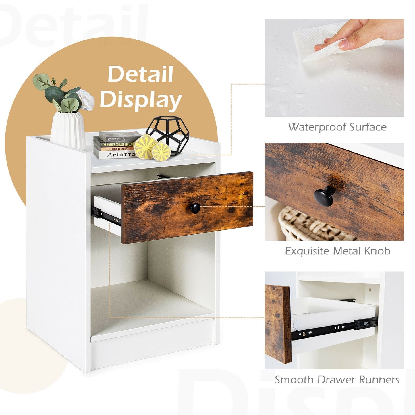 Set of 2 Nightstands with Drawer and Cabinet Raised Top Bedside End Tables White