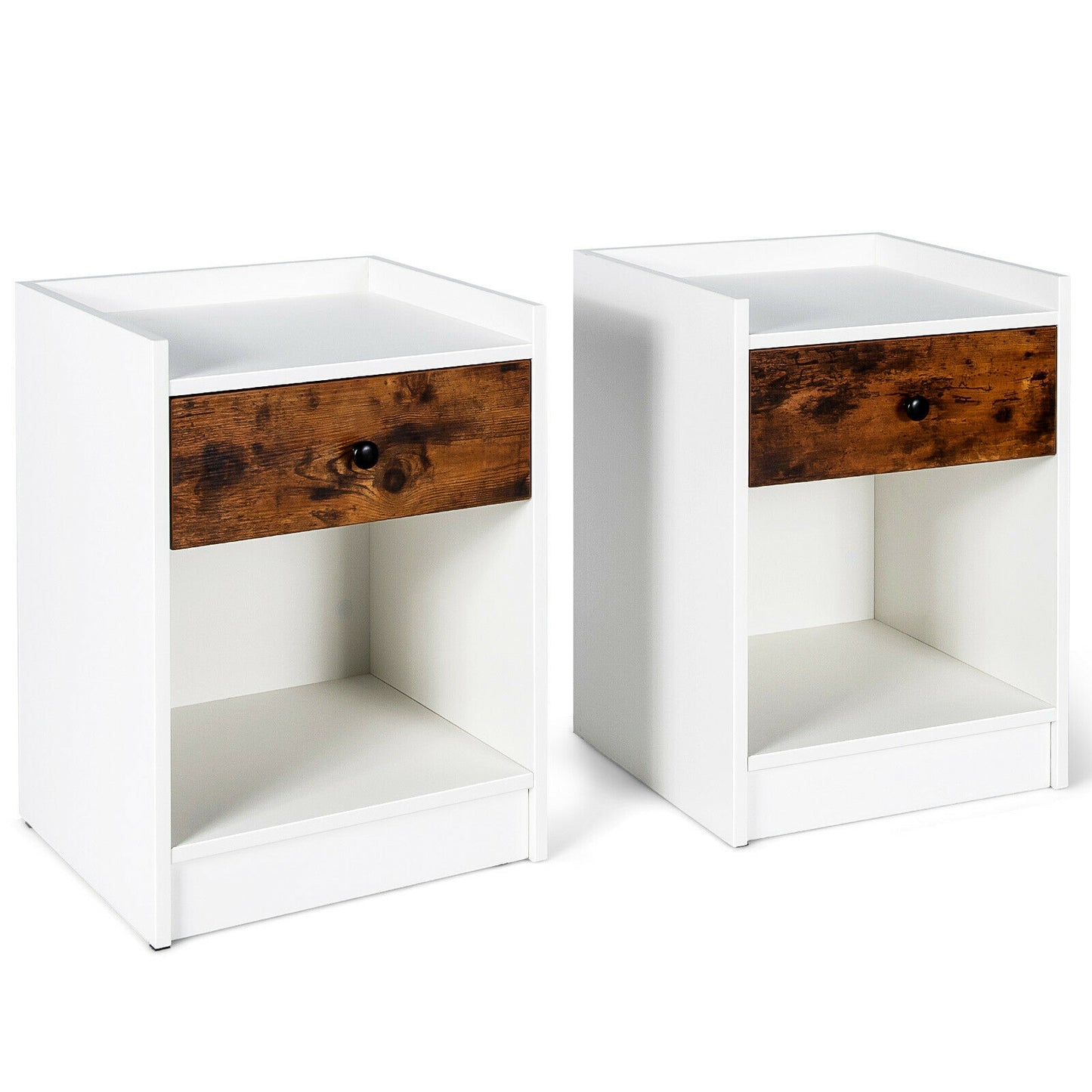 Set of 2 Nightstands with Drawer and Cabinet Raised Top Bedside End Tables White