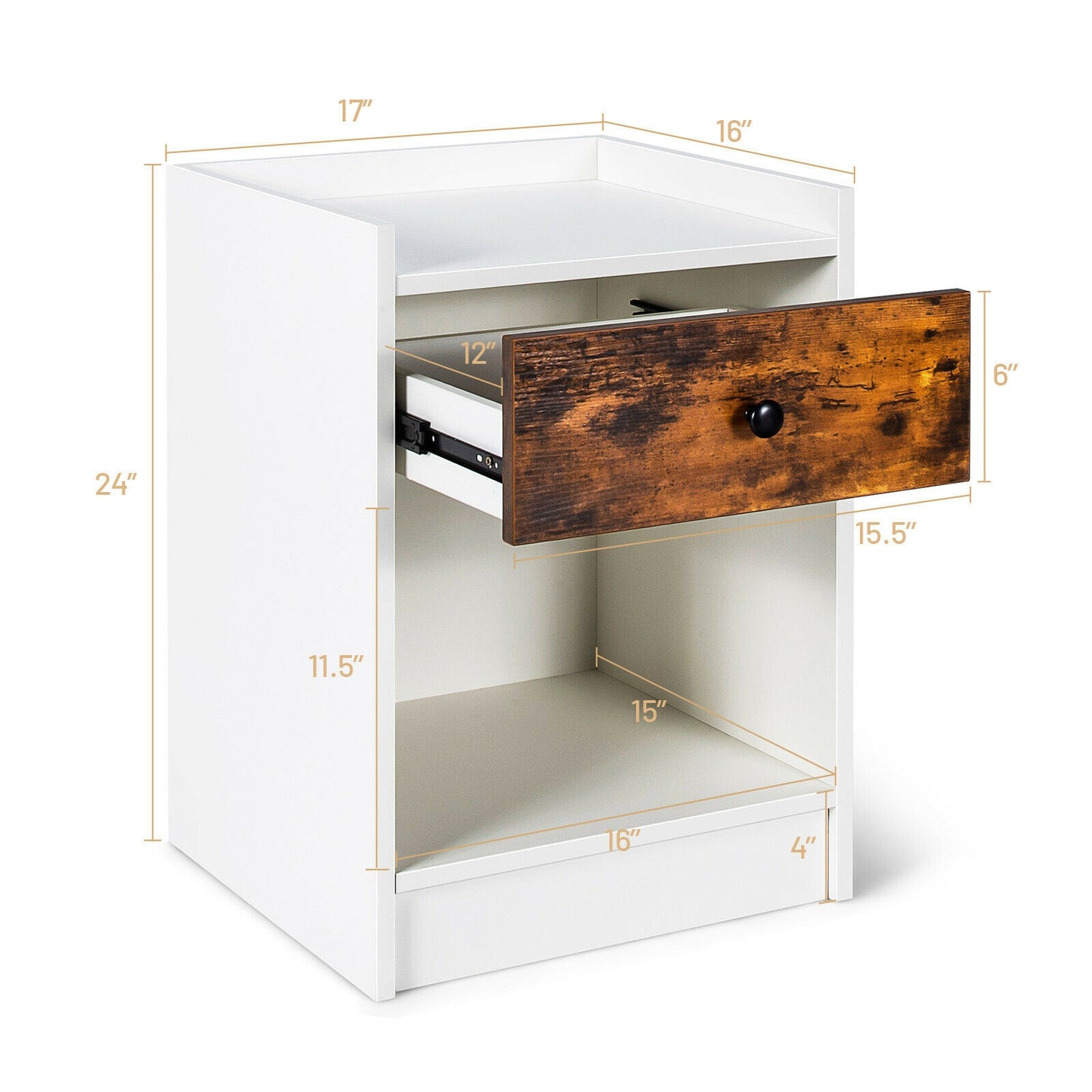 Set of 2 Nightstands with Drawer and Cabinet Raised Top Bedside End Tables White