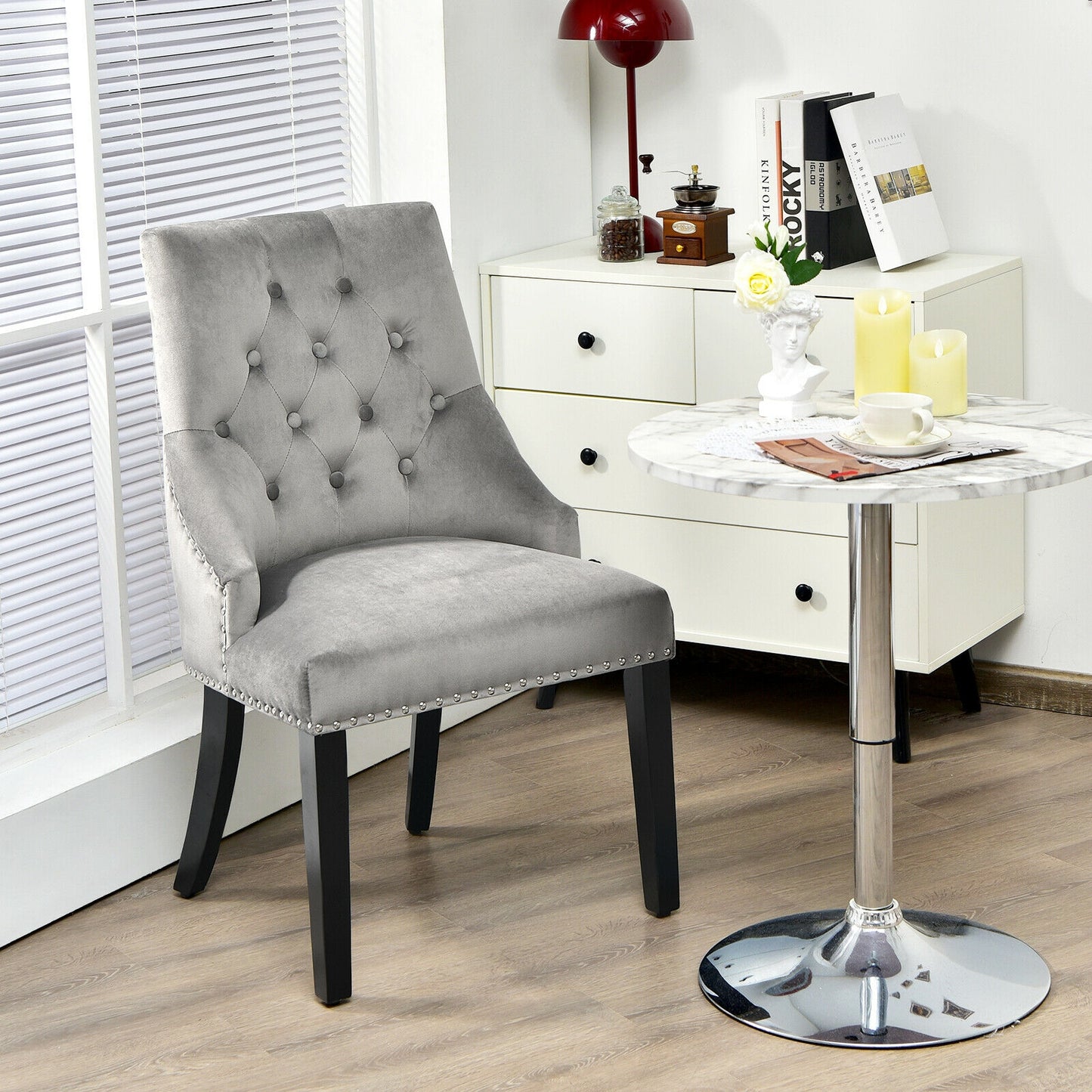 Elegant Button-Tufted Upholstered Dining Chair with Nailhead Trim - Grey