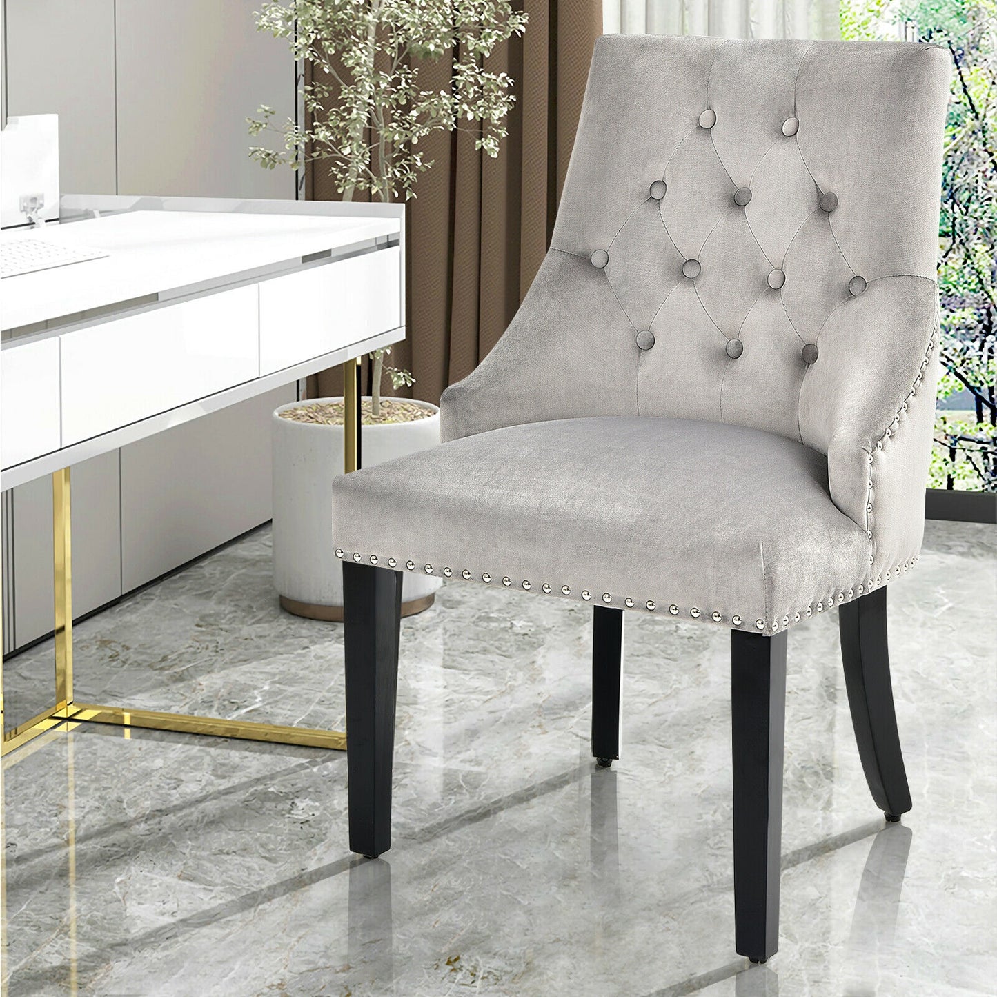 Elegant Button-Tufted Upholstered Dining Chair with Nailhead Trim - Grey