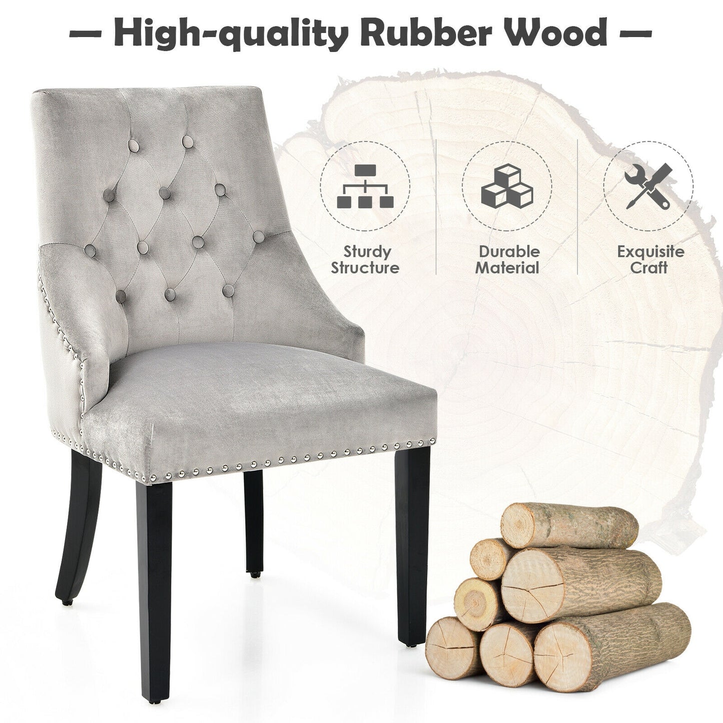Elegant Button-Tufted Upholstered Dining Chair with Nailhead Trim - Grey