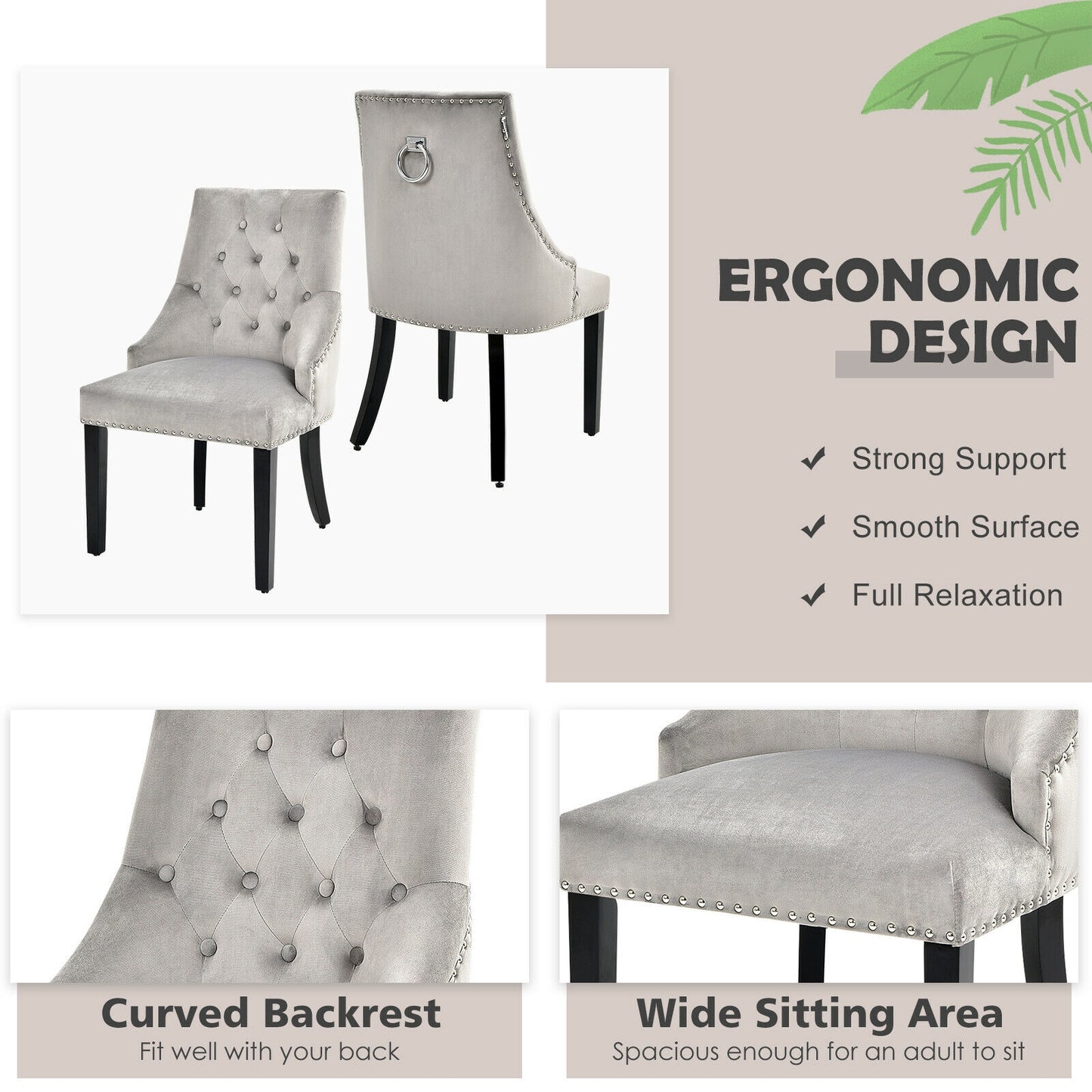 Elegant Button-Tufted Upholstered Dining Chair with Nailhead Trim - Grey