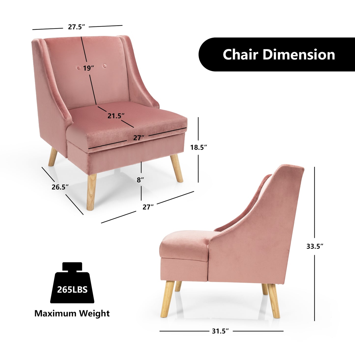 Elegant Velvet Accent Chair with Wingback Design Padded Seat and Wooden Legs