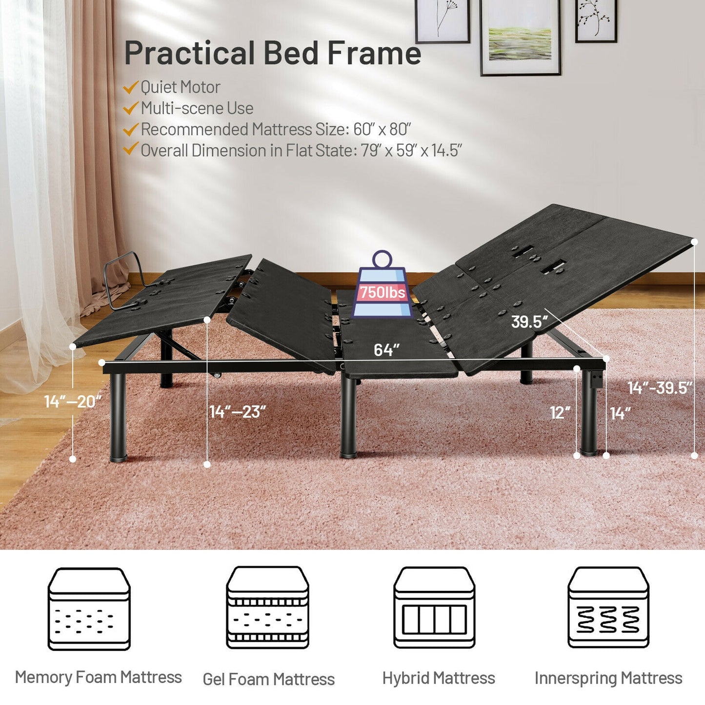 Ergonomic Adjustable Bed Base with Head and Foot Incline for Comfort - Queen Size