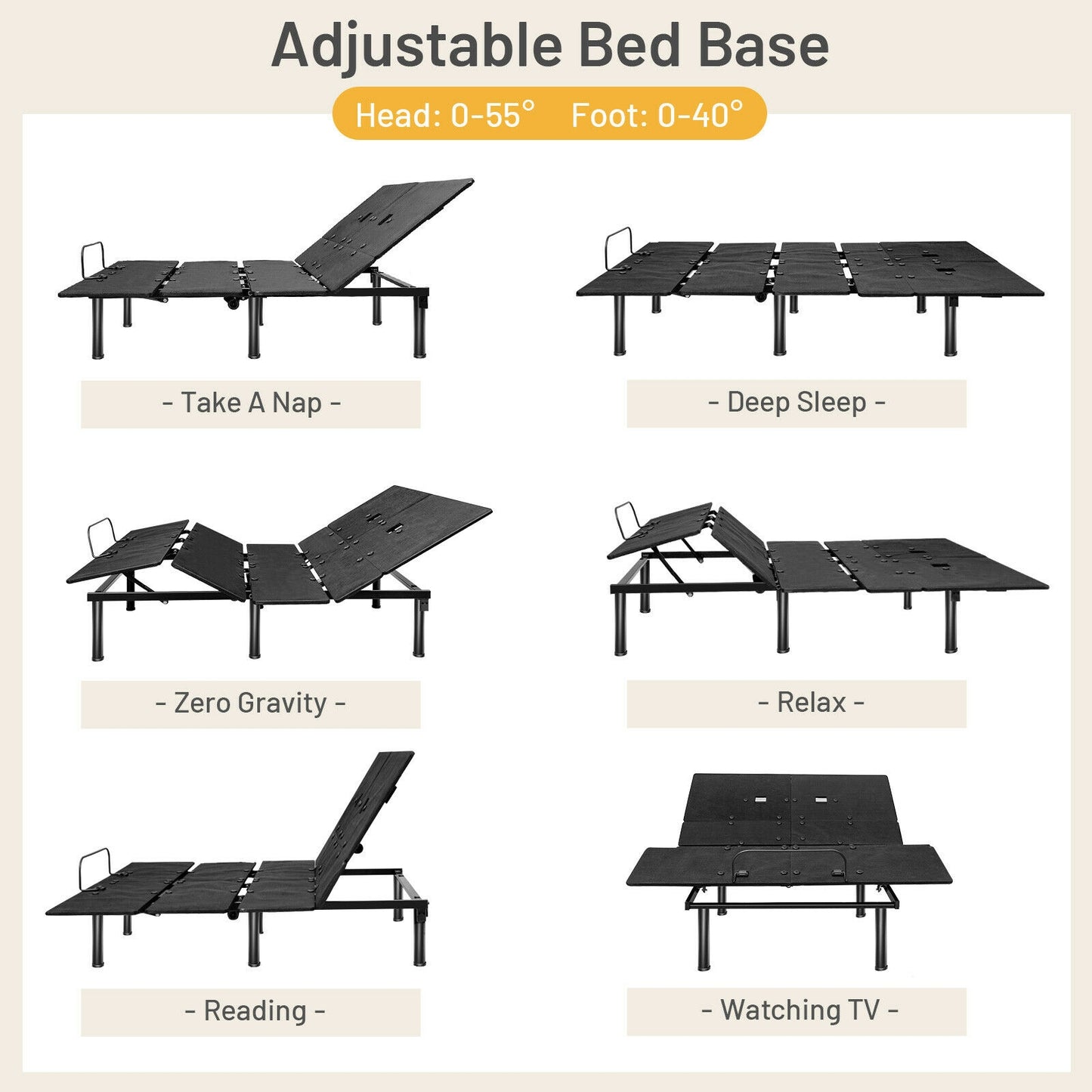 Ergonomic Adjustable Bed Base with Head and Foot Incline for Comfort - Queen Size