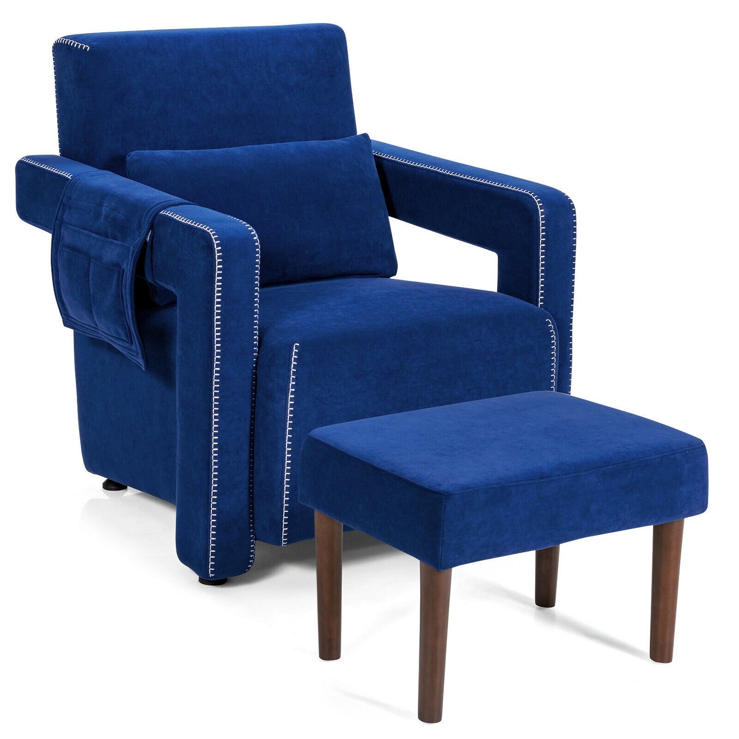 Contemporary Berber Fleece Accent Chair with Ottoman and Lumbar Pillow in Blue