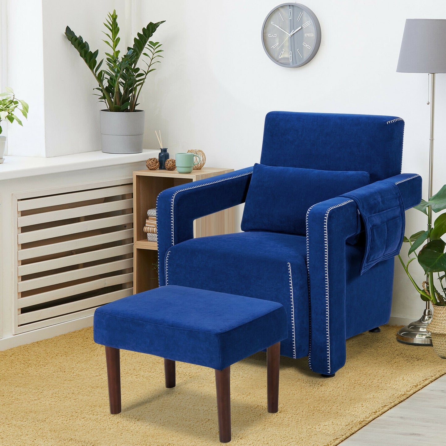 Contemporary Berber Fleece Accent Chair with Ottoman and Lumbar Pillow in Blue