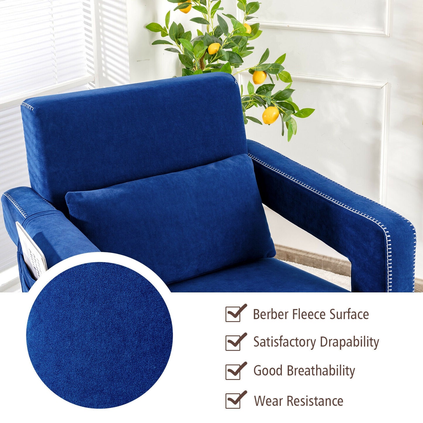Contemporary Berber Fleece Accent Chair with Ottoman and Lumbar Pillow in Blue