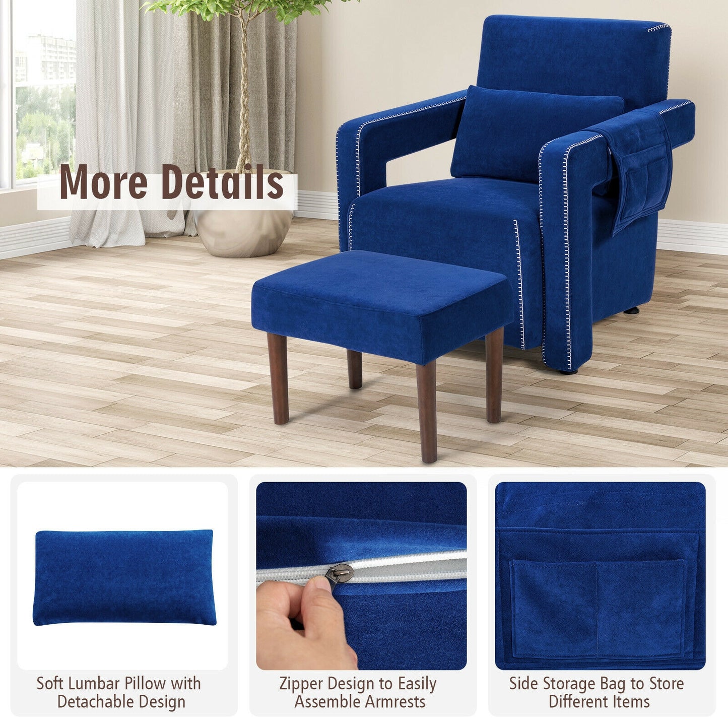 Contemporary Berber Fleece Accent Chair with Ottoman and Lumbar Pillow in Blue