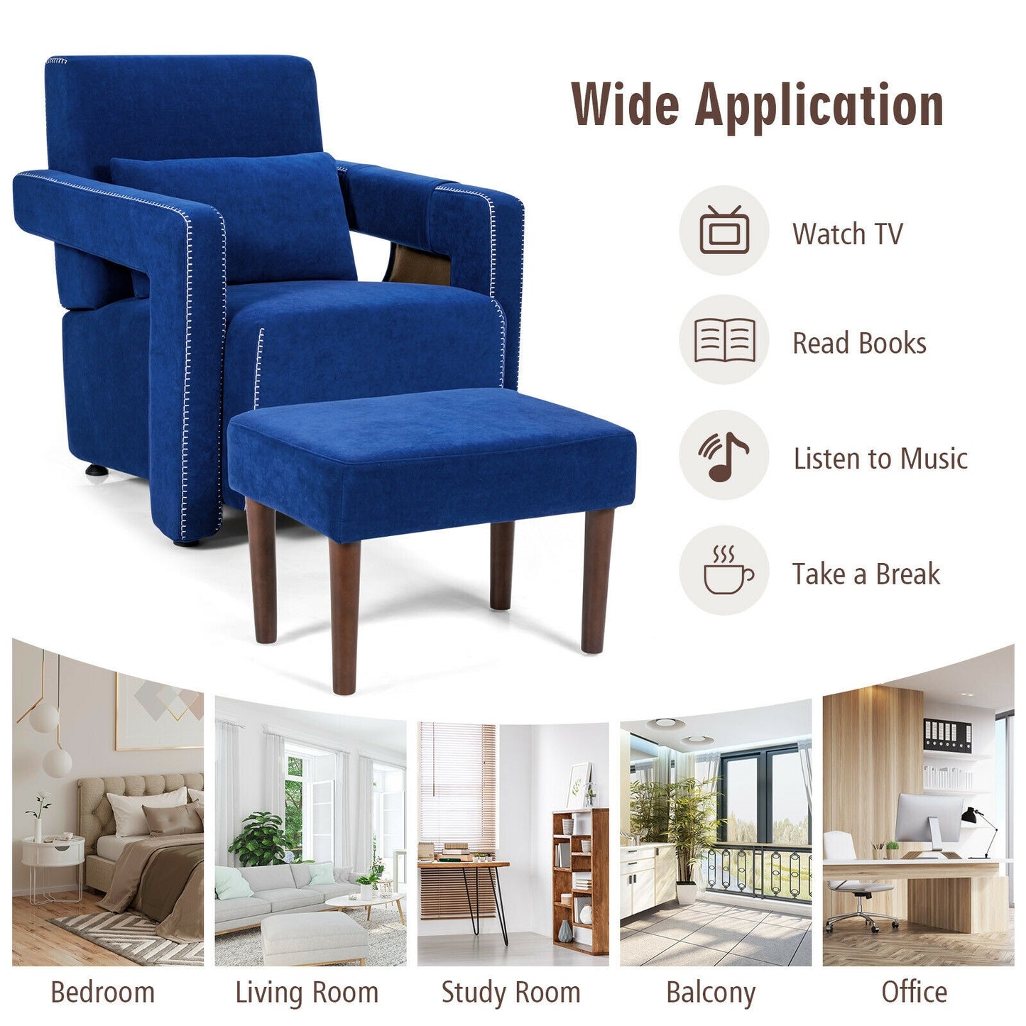 Contemporary Berber Fleece Accent Chair with Ottoman and Lumbar Pillow in Blue