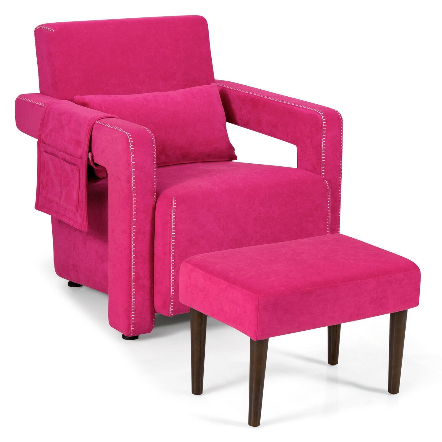 Contemporary Berber Fleece Accent Chair with Ottoman and Lumbar Pillow in Red