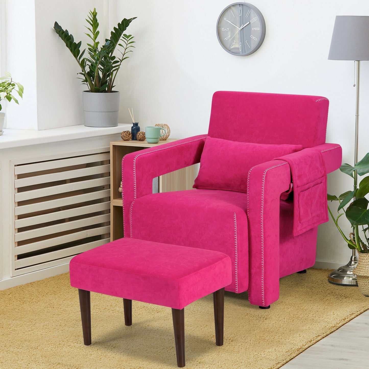Contemporary Berber Fleece Accent Chair with Ottoman and Lumbar Pillow in Red