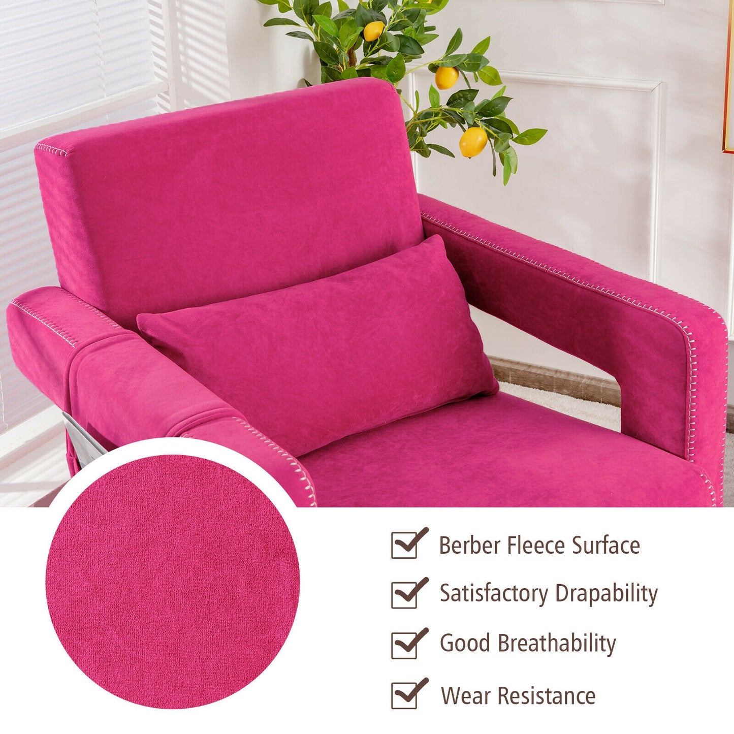 Contemporary Berber Fleece Accent Chair with Ottoman and Lumbar Pillow in Red