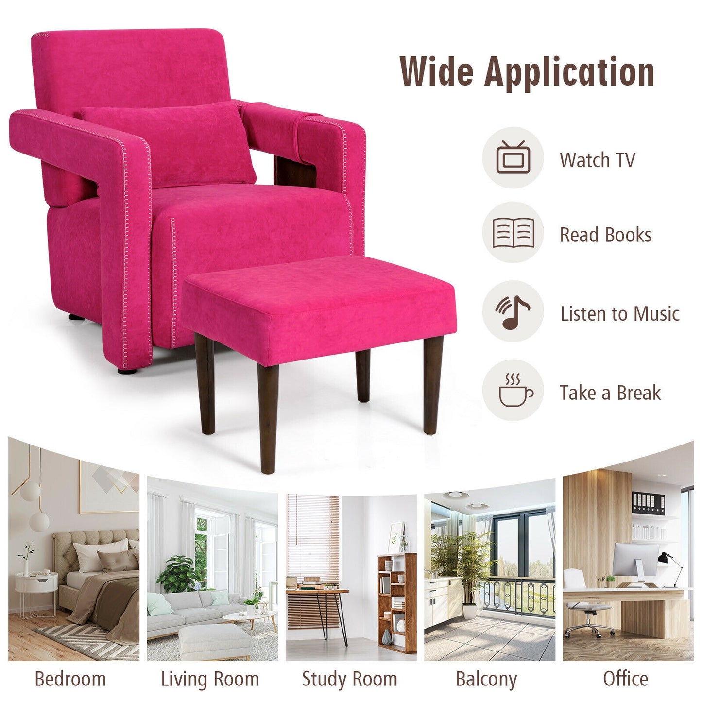 Contemporary Berber Fleece Accent Chair with Ottoman and Lumbar Pillow in Red