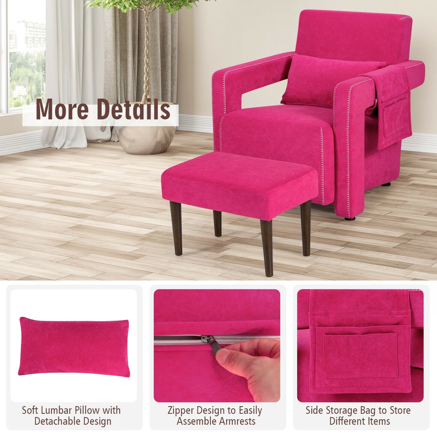 Contemporary Berber Fleece Accent Chair with Ottoman and Lumbar Pillow in Red