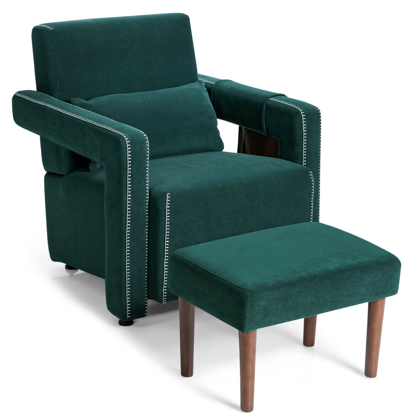 Contemporary Berber Fleece Accent Chair with Ottoman and Lumbar Pillow in Green