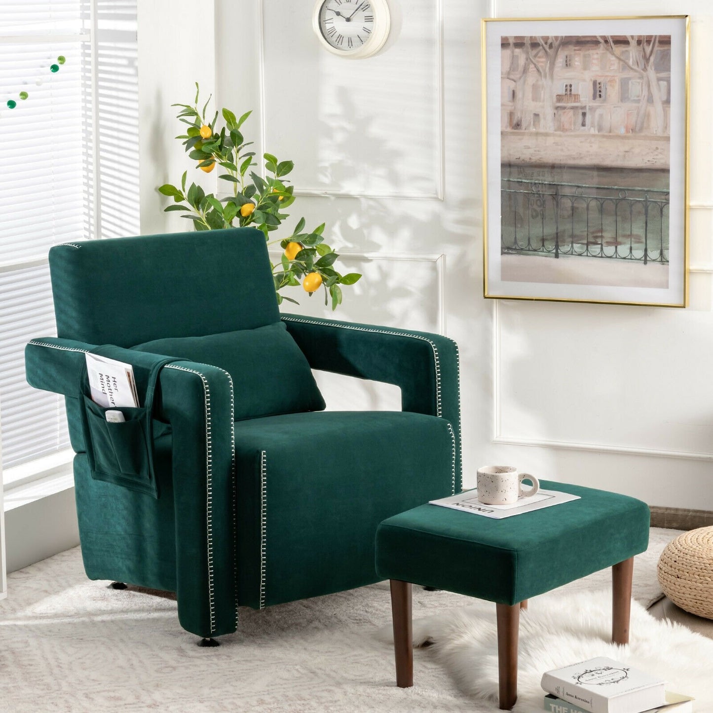 Contemporary Berber Fleece Accent Chair with Ottoman and Lumbar Pillow in Green
