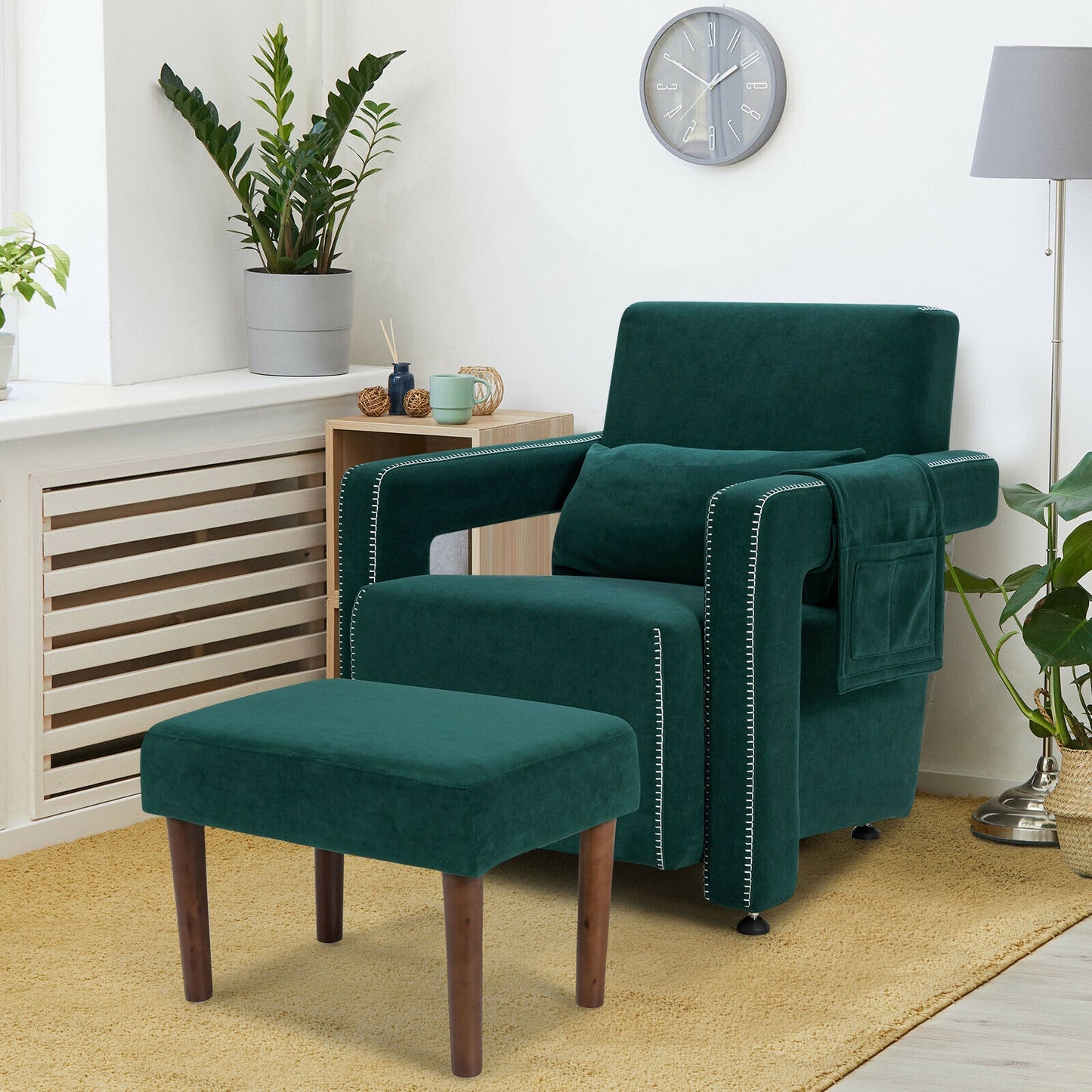 Contemporary Berber Fleece Accent Chair with Ottoman and Lumbar Pillow in Green