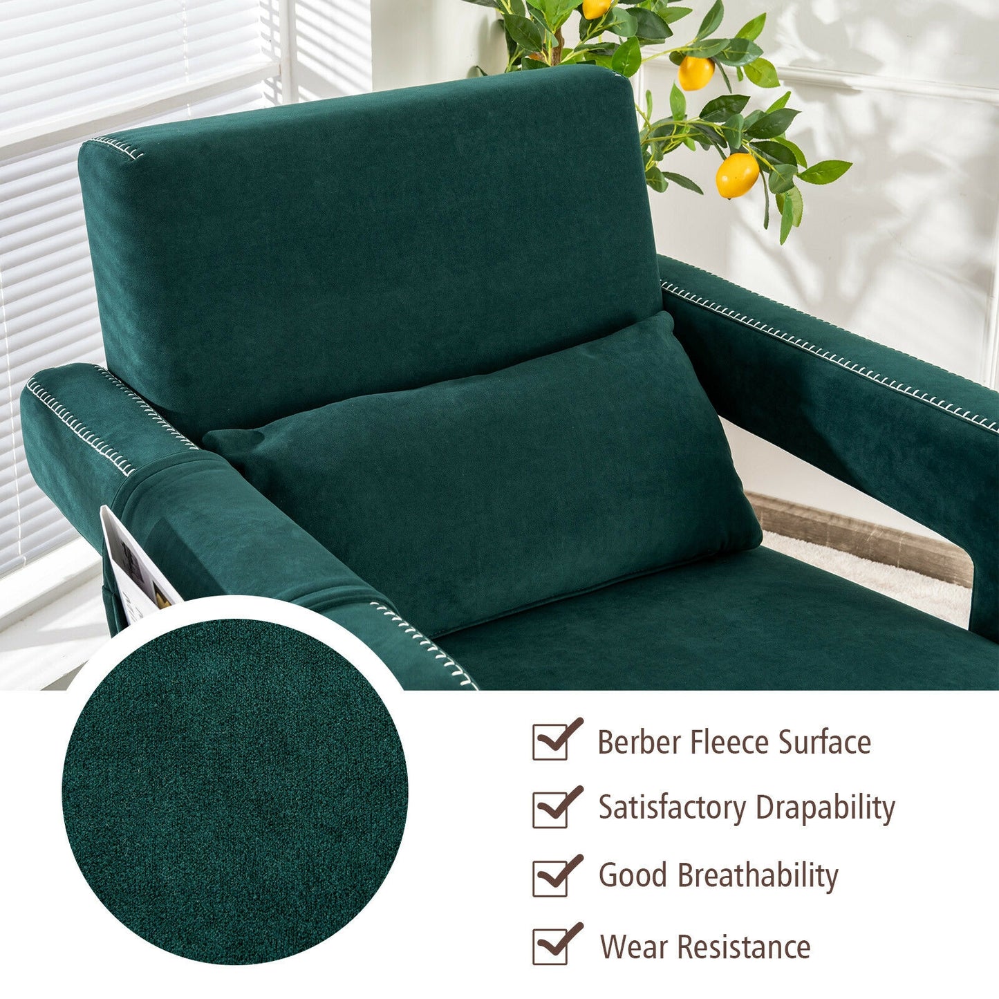 Contemporary Berber Fleece Accent Chair with Ottoman and Lumbar Pillow in Green