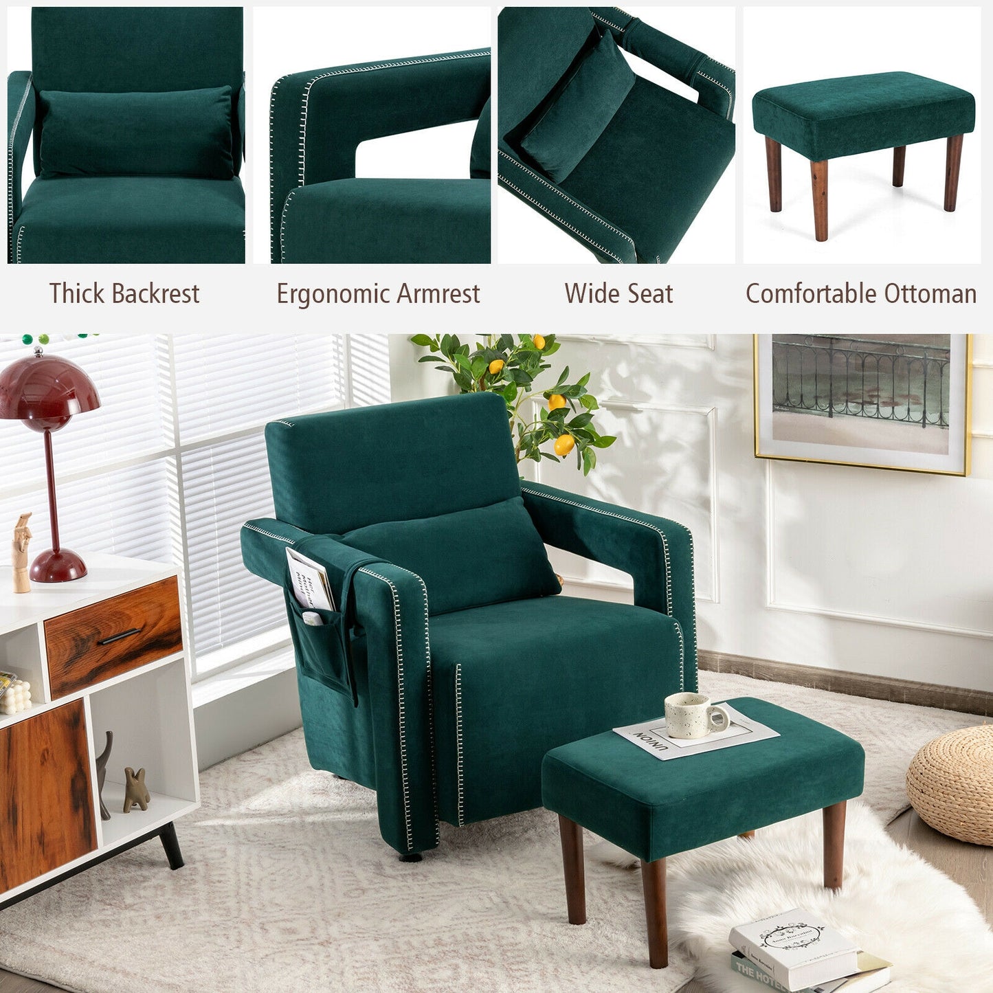 Contemporary Berber Fleece Accent Chair with Ottoman and Lumbar Pillow in Green
