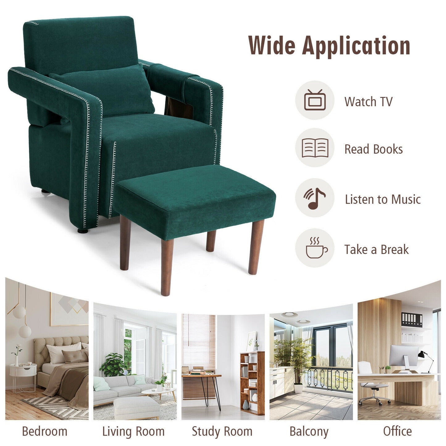 Contemporary Berber Fleece Accent Chair with Ottoman and Lumbar Pillow in Green