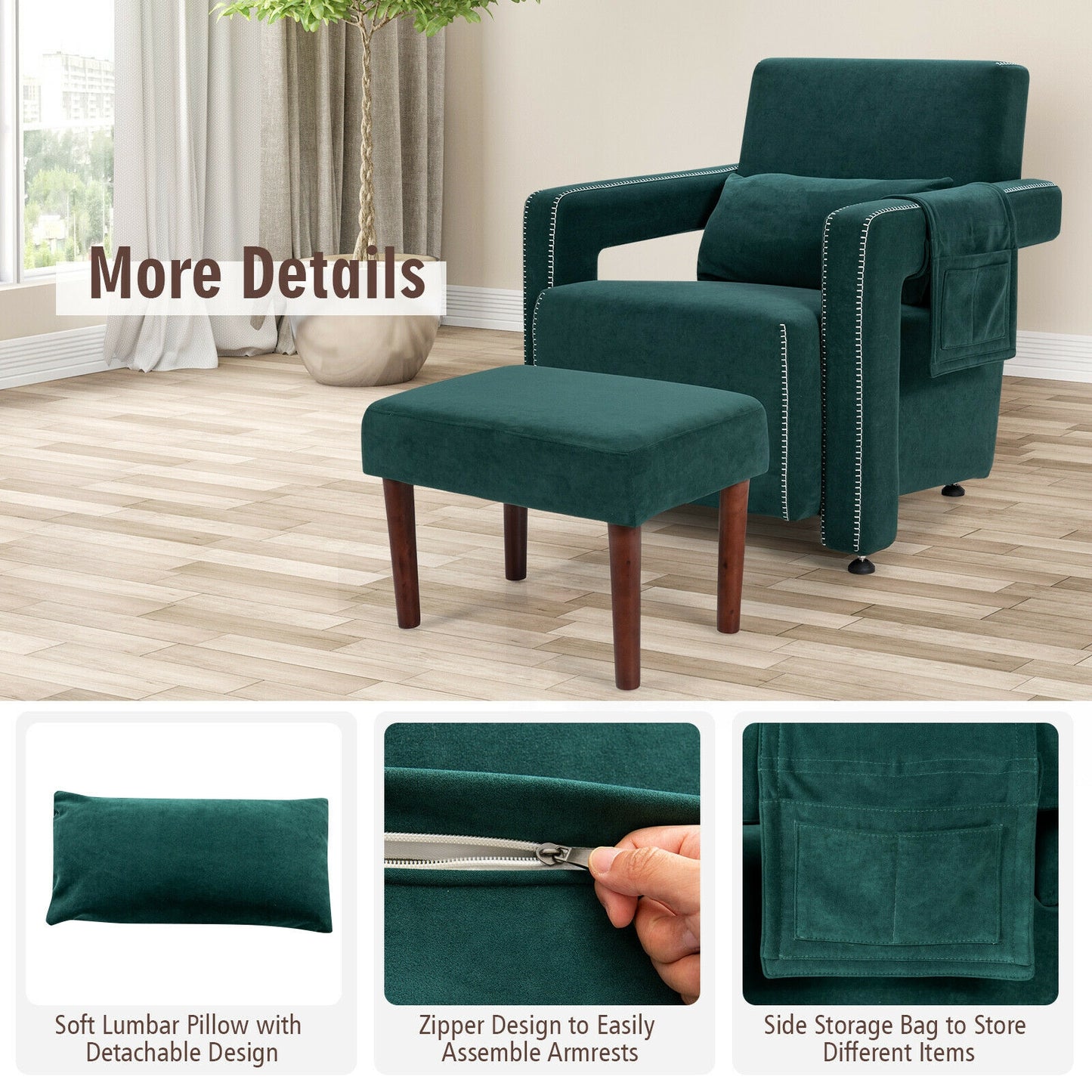 Contemporary Berber Fleece Accent Chair with Ottoman and Lumbar Pillow in Green
