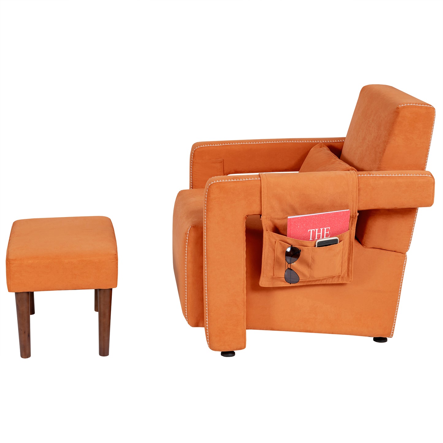 Contemporary Berber Fleece Accent Chair with Ottoman and Lumbar Pillow in Orange