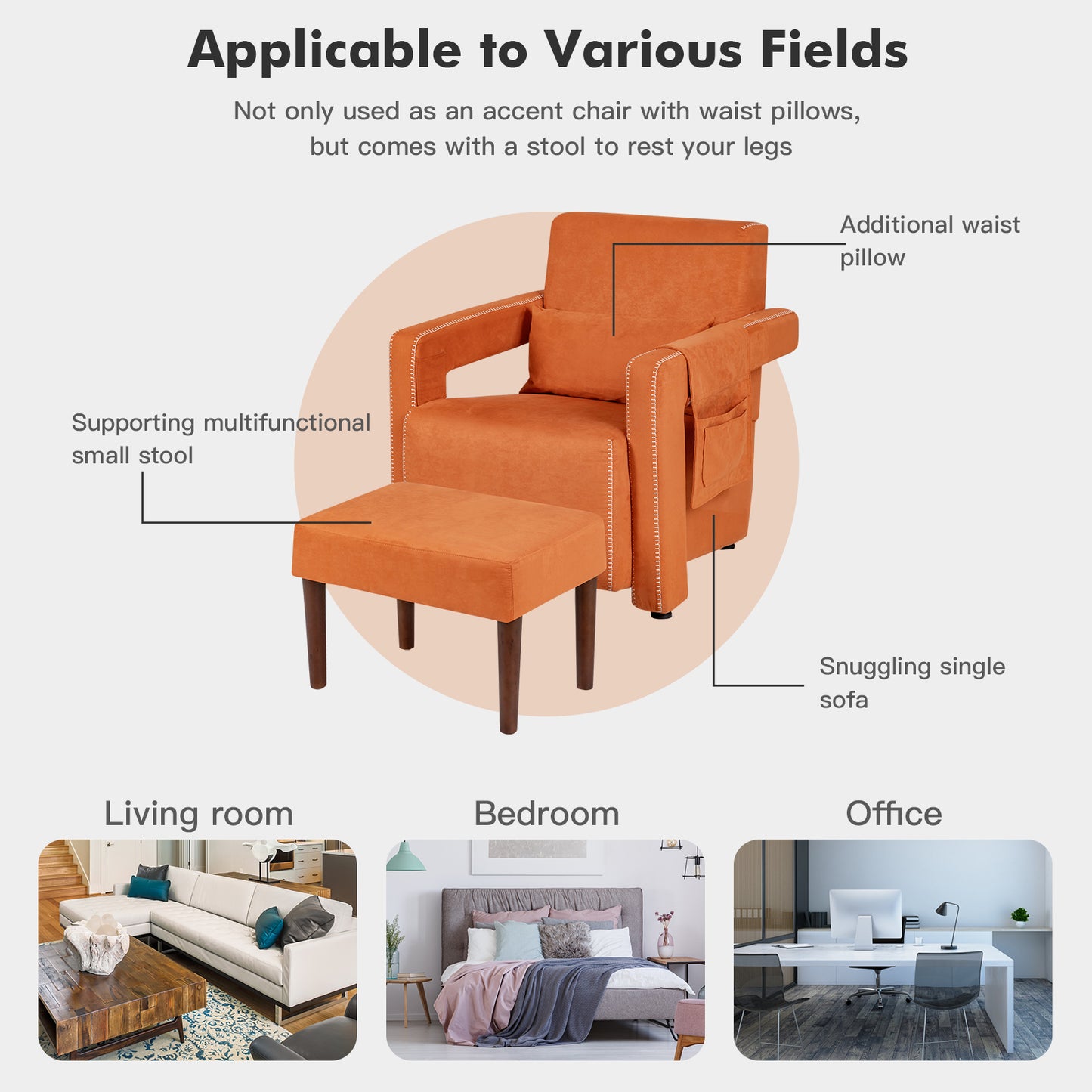 Contemporary Berber Fleece Accent Chair with Ottoman and Lumbar Pillow in Orange