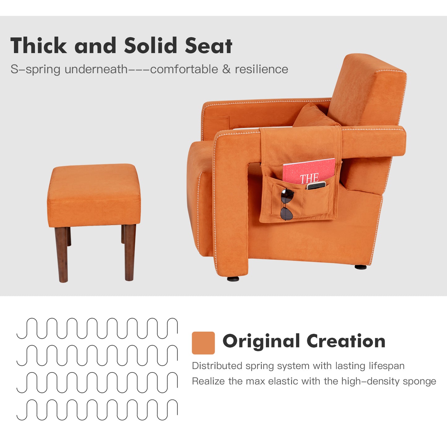 Contemporary Berber Fleece Accent Chair with Ottoman and Lumbar Pillow in Orange