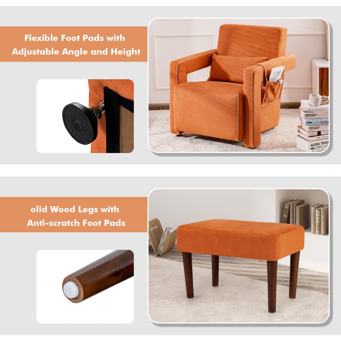 Contemporary Berber Fleece Accent Chair with Ottoman and Lumbar Pillow in Orange