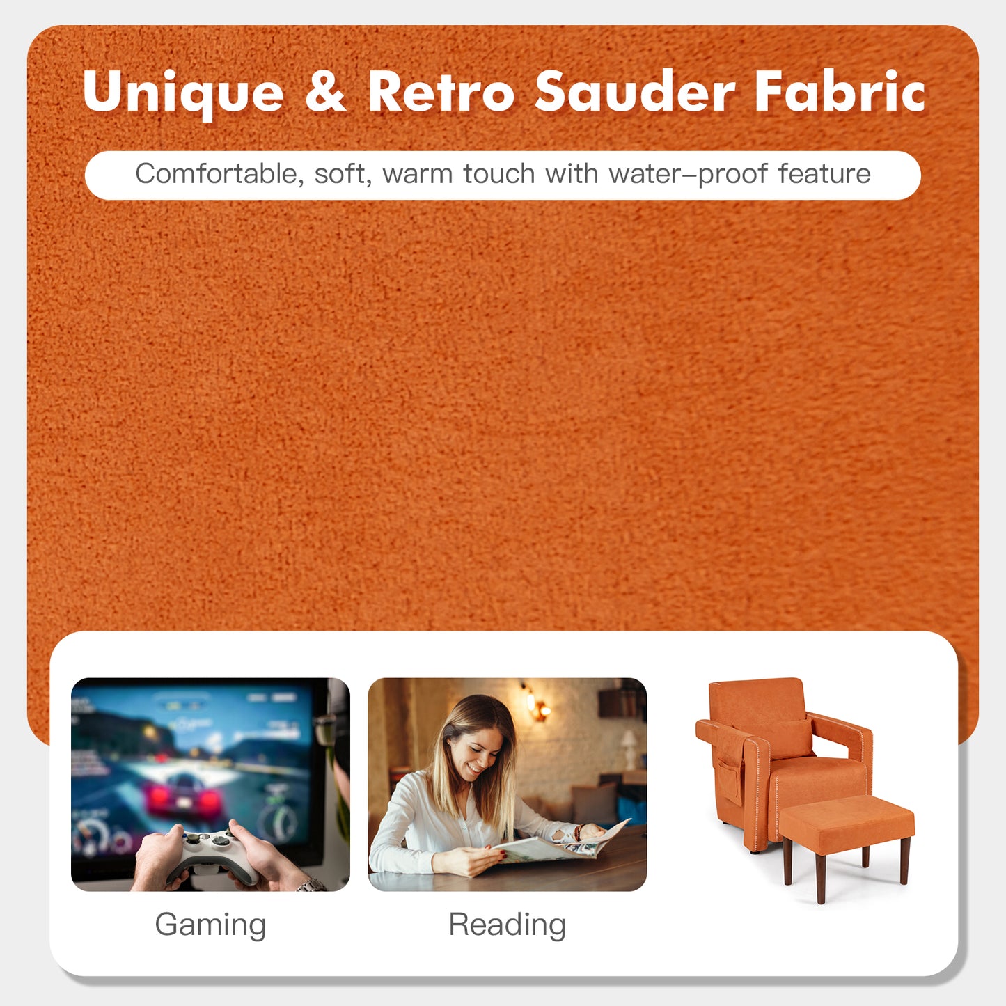 Contemporary Berber Fleece Accent Chair with Ottoman and Lumbar Pillow in Orange